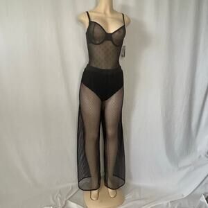 OPPA! Sheer Mesh Pants Black Fishnet Wide Leg Built In Panty Festival Y2K